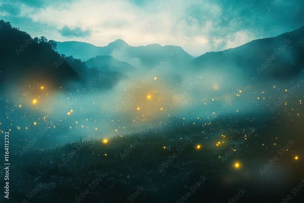Obraz premium Mysterious Foggy Valley with Glowing Fireflies at Dusk