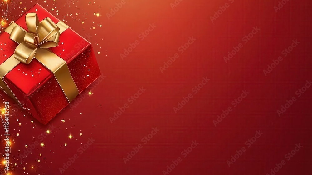 Festive Red Gift Box with Gold Ribbon on Red Background with Sparkles and Lights Festive Red Gift Box with Gold Ribbon on Red Background with Sparkles and Lights