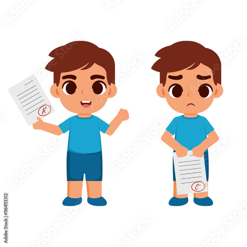 Flat illustration expression of children getting satisfactory grades and children getting bad grades, returning to school
