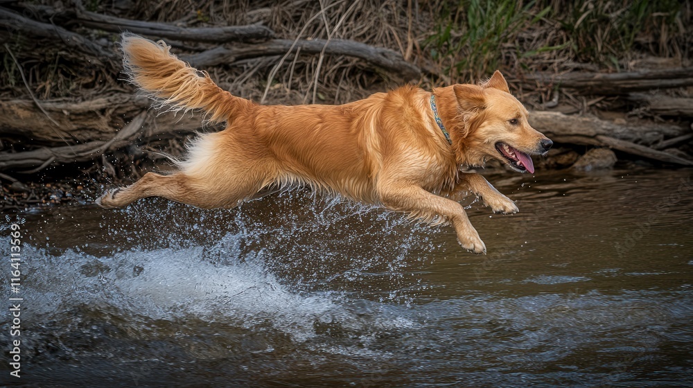 Dog Jumping into River to Fetch Stick in Bright Light Dog Jumping into River to Fetch Stick in Bright Light
