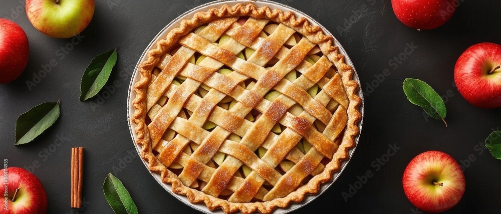Classic apple pie with golden crust, surrounded by fresh apples and cinnamon Classic apple pie with golden crust, surrounded by fresh apples and cinnamon