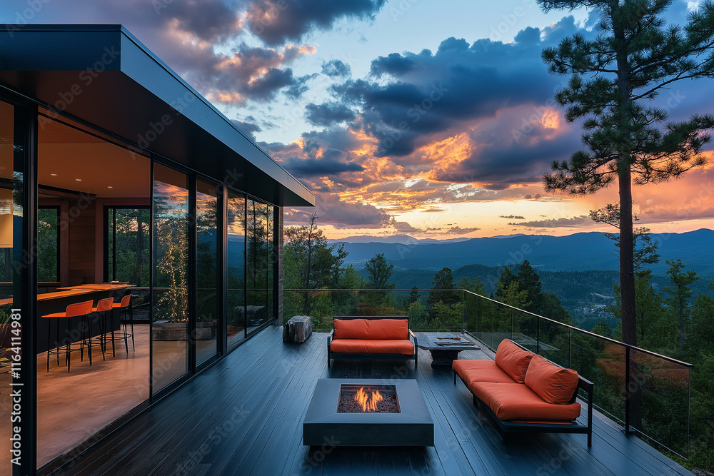 Fototapeta premium A modern cabin with outdoor furniture on the deck, overlooking a forest and mountains with clouds at sunset. 