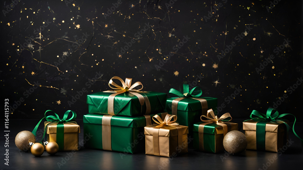 Beautifully wrapped New Year's gifts stacked together, featuring colorful paper, shimmering bows, and festive tags. Beautifully wrapped New Year's gifts stacked together, featuring colorful paper, shimmering bows, and festive tags.