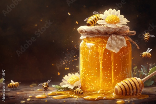 A pixel art honey jar with animated golden honey dripping down the sides, surrounded by pixelated bees and flowers photo