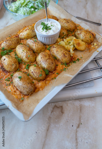 Parmesan baked jacked potatoes on a baking tray with a dip. Delicious party food