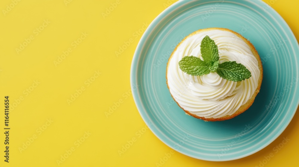 Delicious Vanilla Cupcake with Creamy Frosting and Mint Leaf Delicious Vanilla Cupcake with Creamy Frosting and Mint Leaf