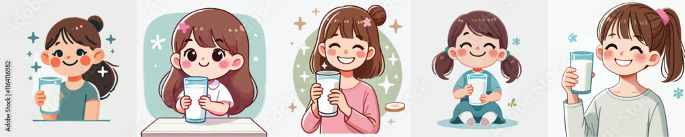 little girl drinking milk vector set little girl drinking milk vector set