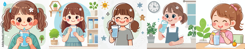 little girl drinking water vector set little girl drinking water vector set