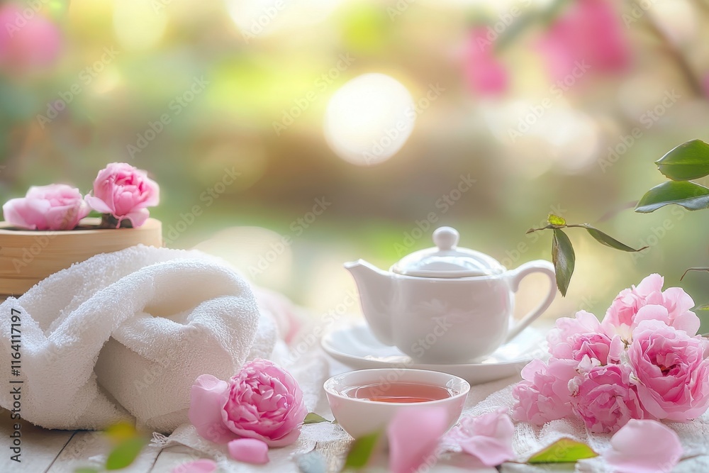 Relaxing afternoon tea setup with roses and a white towel in a serene outdoor setting Relaxing afternoon tea setup with roses and a white towel in a serene outdoor setting