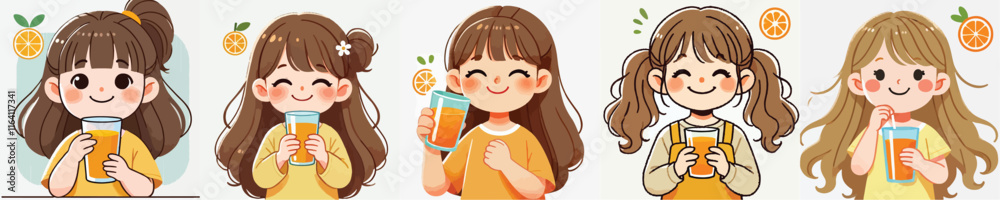 little girl vector set drinking orange juice little girl vector set drinking orange juice