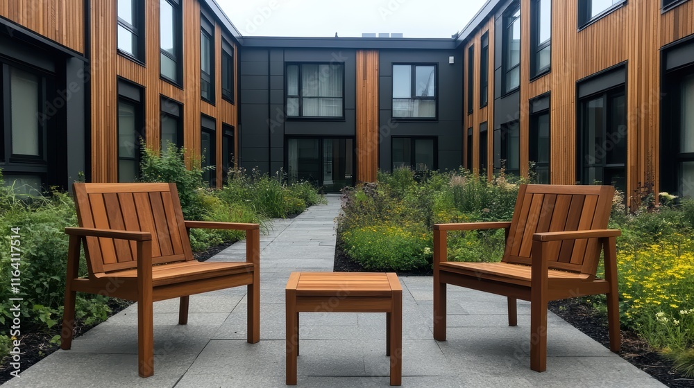 Obraz premium Two wooden chairs on a city sidewalk, moment of rest two