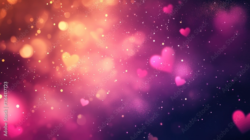 Pink background with hearts. Lovely pastel gradient with glitter bokeh and stars. Valentine day wallpaper. Fantasy romantic vector sky. Pink background with hearts. Lovely pastel gradient with glitter bokeh and stars. Valentine day wallpaper. Fantasy romantic vector sky.