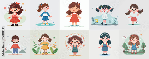 vector set of little girls standing happily