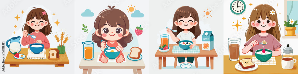 little girl vector set having breakfast little girl vector set having breakfast