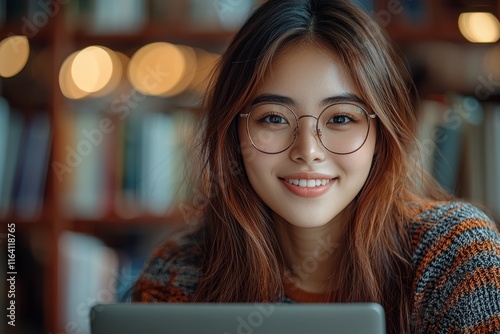 Young business techie investigating blockchain technology, seated in a library surrounded by books and a laptop, Stock