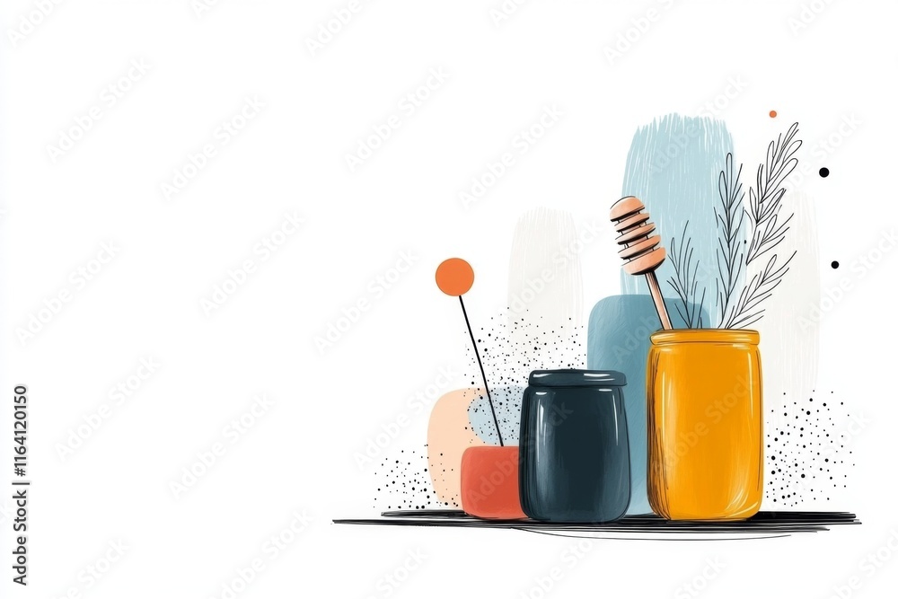 A stylized 2D drawing of a honey jar with a wooden dipper leaning against it, surrounded by abstract shapes A stylized 2D drawing of a honey jar with a wooden dipper leaning against it, surrounded by abstract shapes