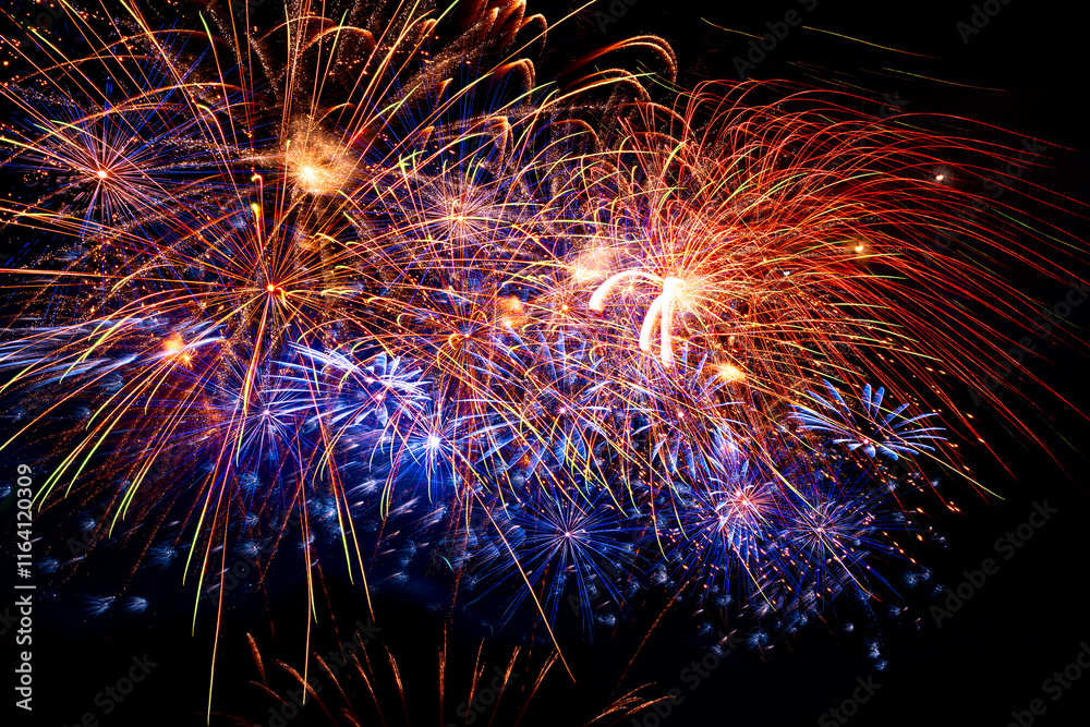 colourful firework display set for celebration happy new year and merry christmas and fireworks on black background