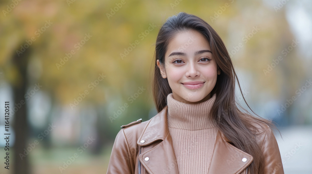 Malay woman in brown leather jacket at city park at sunny morning Malay woman in brown leather jacket at city park at sunny morning