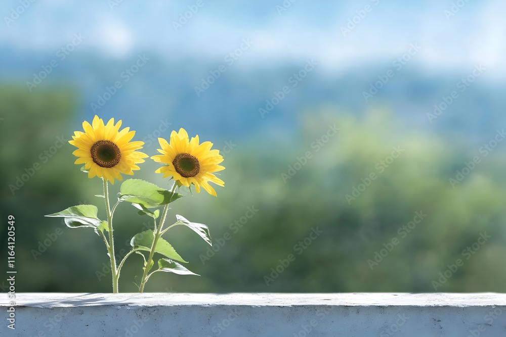 Obraz premium Two sunflowers on a wall against a blurred nature background.