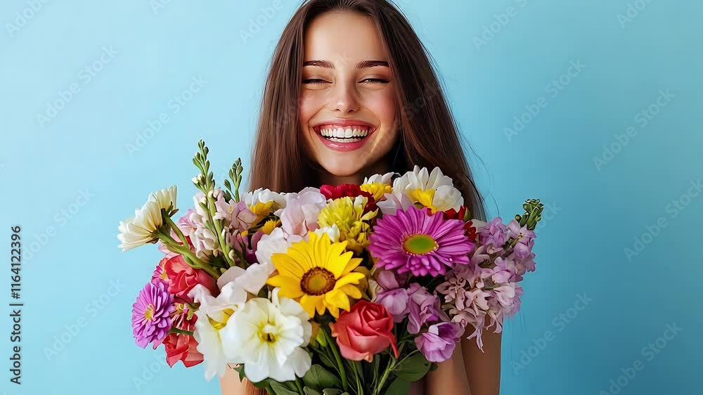 Portrait of beautiful woman with flowers . Closeup smiling lady face with fresh spring flower bouquet in studio on blue background. Portrait of beautiful woman with flowers . Closeup smiling lady face with fresh spring flower bouquet in studio on blue background.