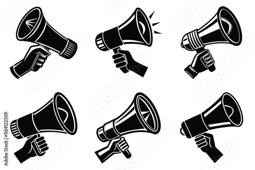 Hand Holding megaphone silhouette icon, Announcing hand mike illustration on white background	
