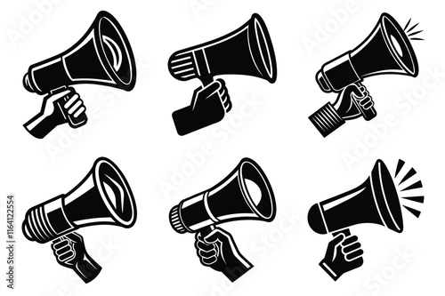 Hand Holding megaphone silhouette icon, Announcing hand mike illustration on white background	