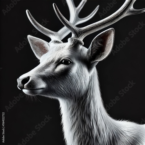 Silver Fantasy Raindeer Portrait. Wild Magic Forest Deer Isolated on Black Background.  photo