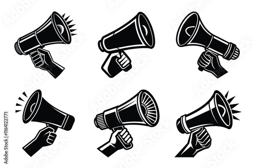 Hand Holding megaphone silhouette icon, Announcing hand mike illustration on white background	