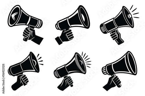 Hand Holding megaphone silhouette icon, Announcing hand mike illustration on white background	