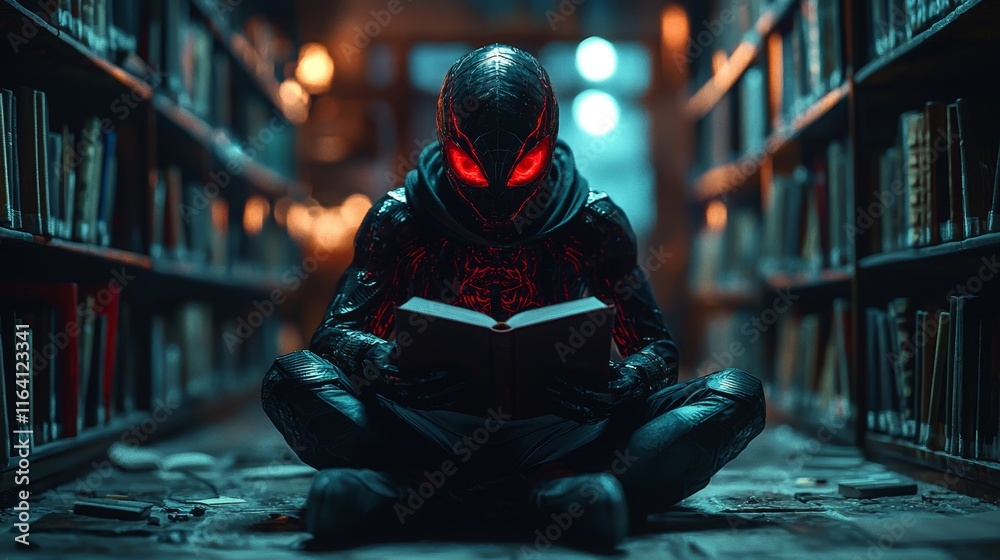 Obraz premium A red-eyed entity devouring all human knowledge within a library, AI, technology, digital, data, knowledge, learning, education