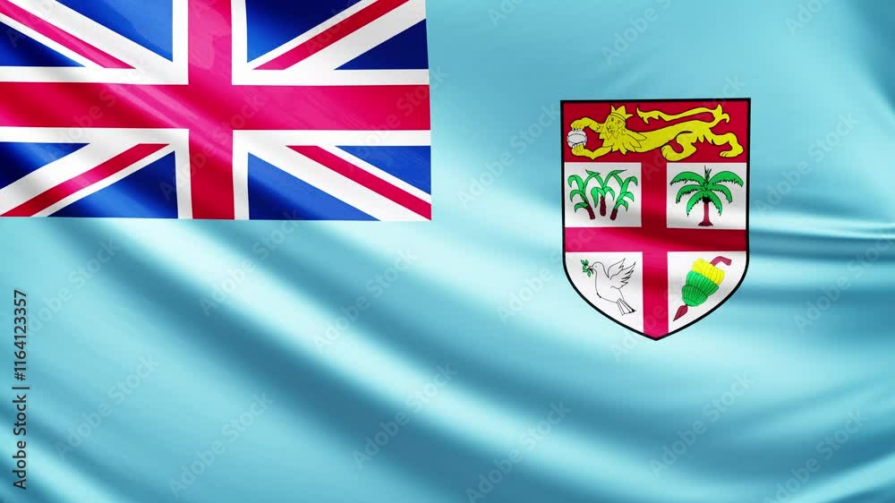 Fiji island flag video, close-up shot of symbol of fiji nation, oceania, animated flag background video, 3D video of a flag, national symbol of the people, patriotism, full screen