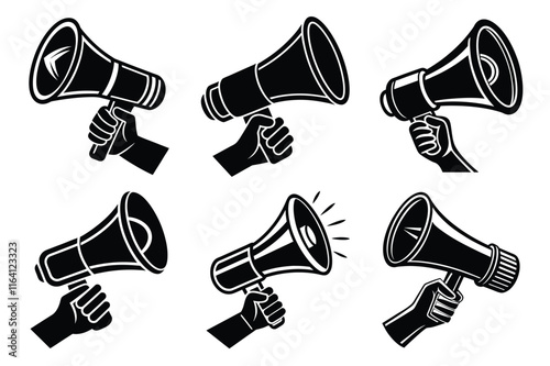 Hand Holding megaphone silhouette icon, Announcing hand mike illustration on white background	
