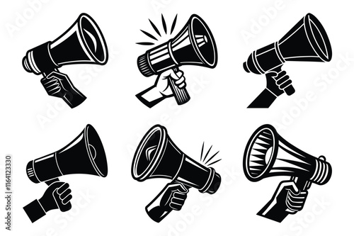 Hand Holding megaphone silhouette icon, Announcing hand mike illustration on white background	