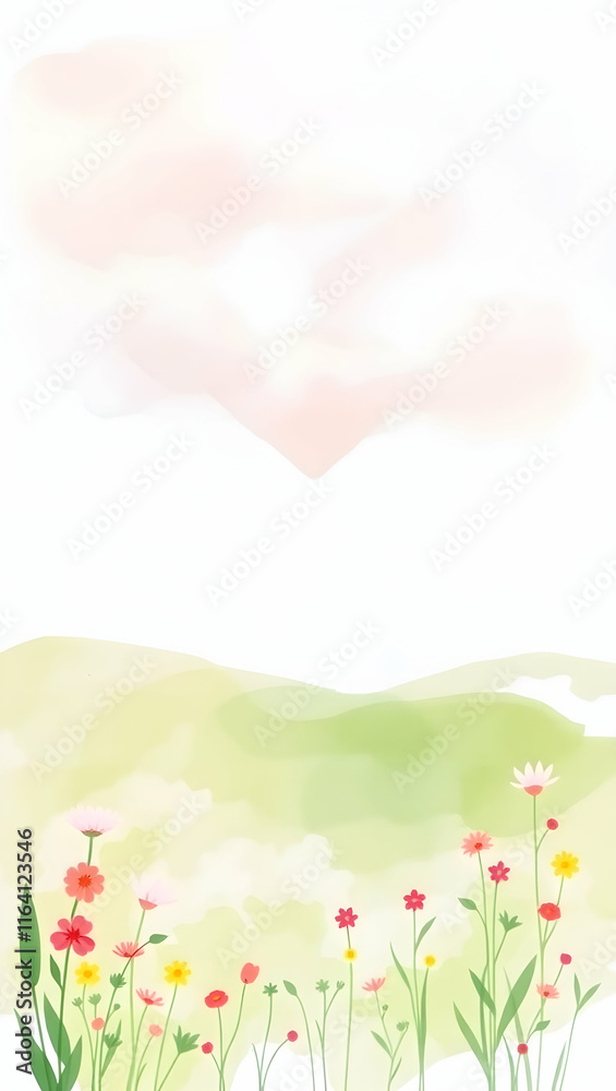 Watercolor illustration of a field of wildflowers under a pastel sky.  Soft, painted