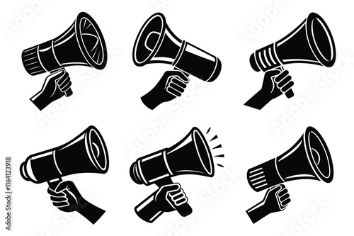 Hand Holding megaphone silhouette icon, Announcing hand mike illustration on white background	