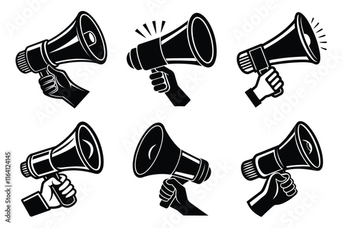 Hand Holding megaphone silhouette icon, Announcing hand mike illustration on white background	