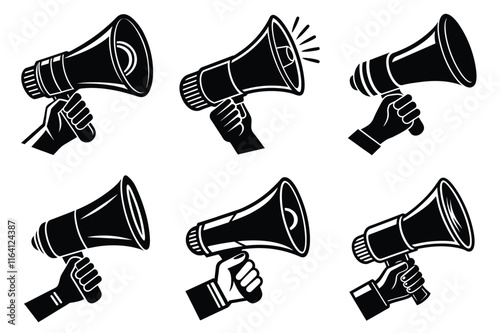 Hand Holding megaphone silhouette icon, Announcing hand mike illustration on white background	