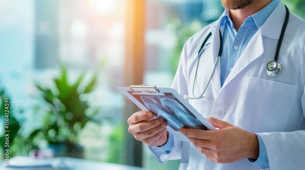 Close-up of a man examining his x-ray results in a doctor's office, with a focus on scoliosis. Close-up of a man examining his x-ray results in a doctor's office, with a focus on scoliosis.