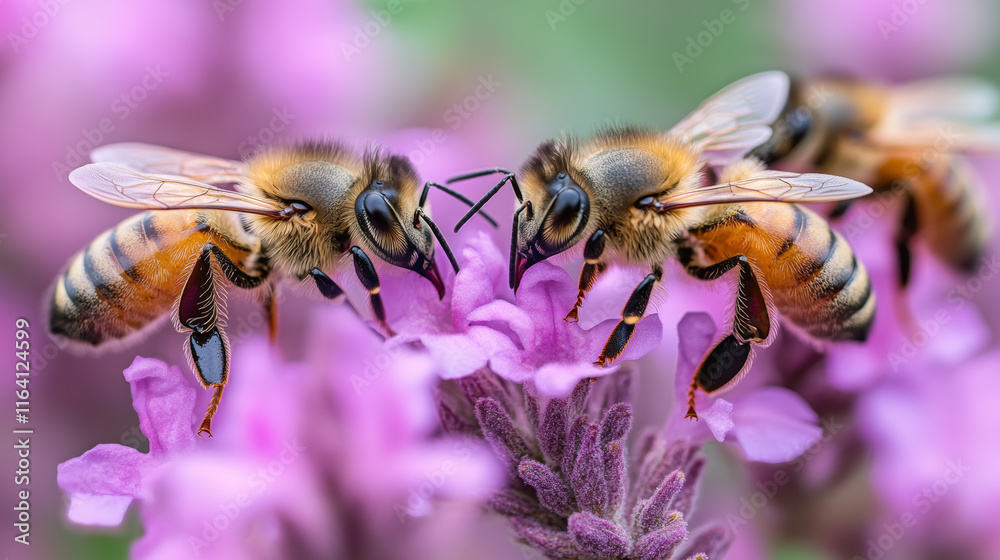 Two Honeybees Sharing Nectar on Lavender Flower