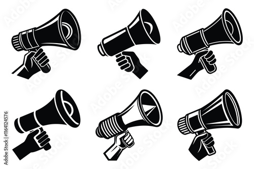 Hand Holding megaphone silhouette icon, Announcing hand mike illustration on white background	