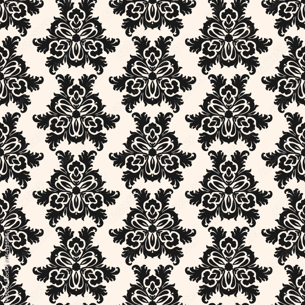 Abstract black and white background with curly shapes, swirls, floral elements. Luxury damask seamless pattern. Ornament texture in baroque, rococo, revival style. Repeating monochrome vector design