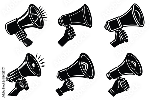 Hand Holding megaphone silhouette icon, Announcing hand mike illustration on white background	