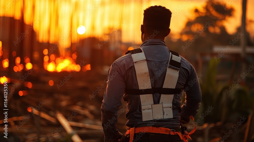 A man working in construction, wearing a back brace to prevent fractures. - A man working in construction, wearing a back brace to prevent fractures. -