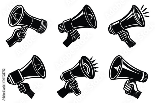 Hand Holding megaphone silhouette icon, Announcing hand mike illustration on white background	