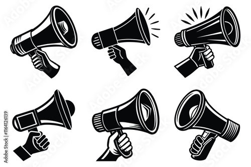 Hand Holding megaphone silhouette icon, Announcing hand mike illustration on white background	