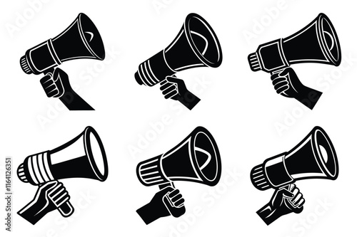 Hand Holding megaphone silhouette icon, Announcing hand mike illustration on white background	