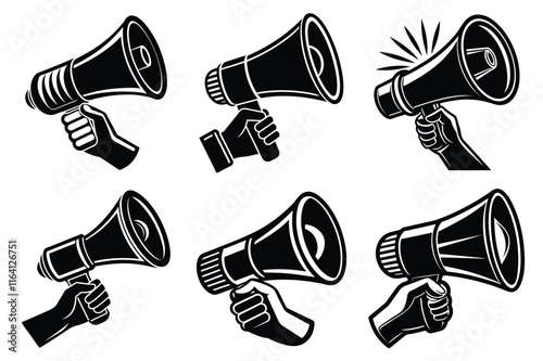 Hand Holding megaphone silhouette icon, Announcing hand mike illustration on white background	