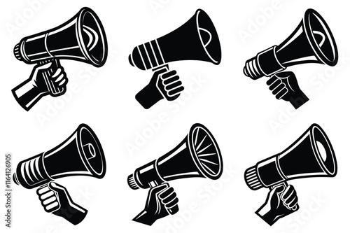 Hand Holding megaphone silhouette icon, Announcing hand mike illustration on white background	