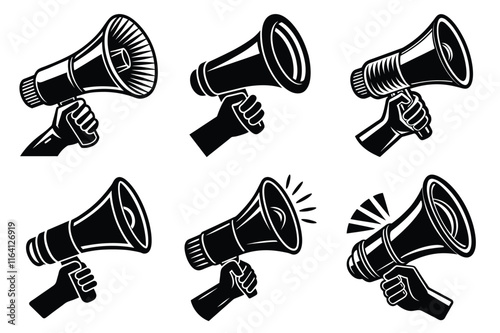 Hand Holding megaphone silhouette icon, Announcing hand mike illustration on white background	