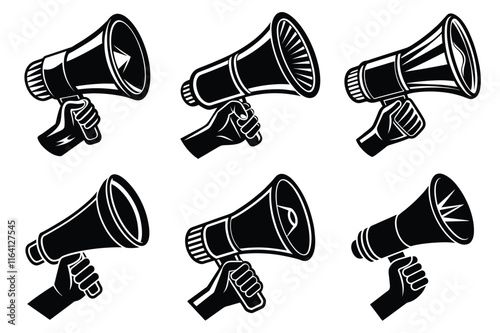 Hand Holding megaphone silhouette icon, Announcing hand mike illustration on white background	